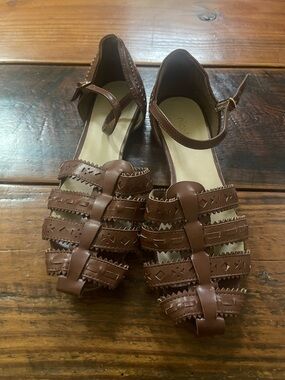 Nicole Brown Leather Woven Mary Jane Sandals